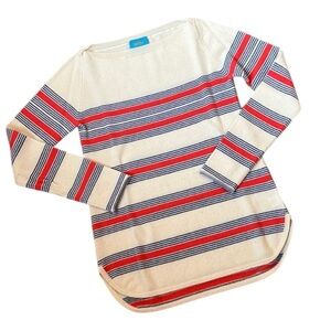 IsleField 100% Cashmere Boatneck Sweater Ivory with blue & coral stripes S